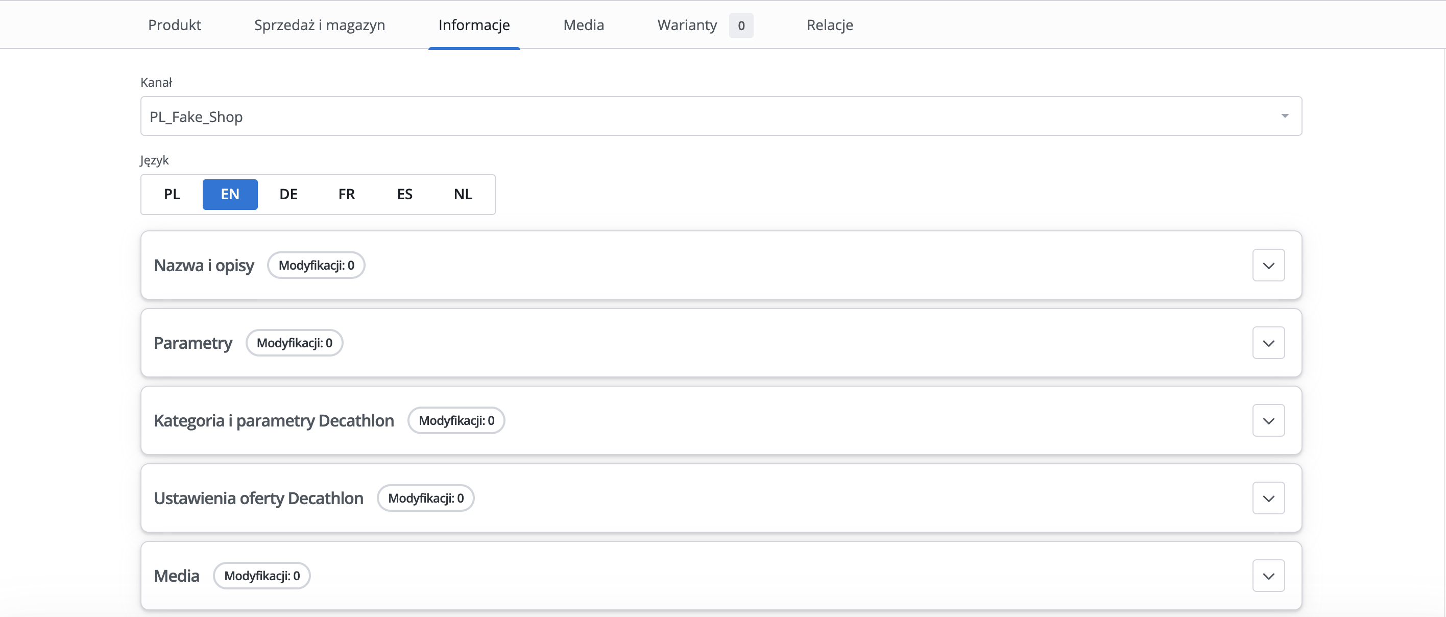 Widok sekcji, które można edytować dla kanału sprzedaży oraz wersji językowej