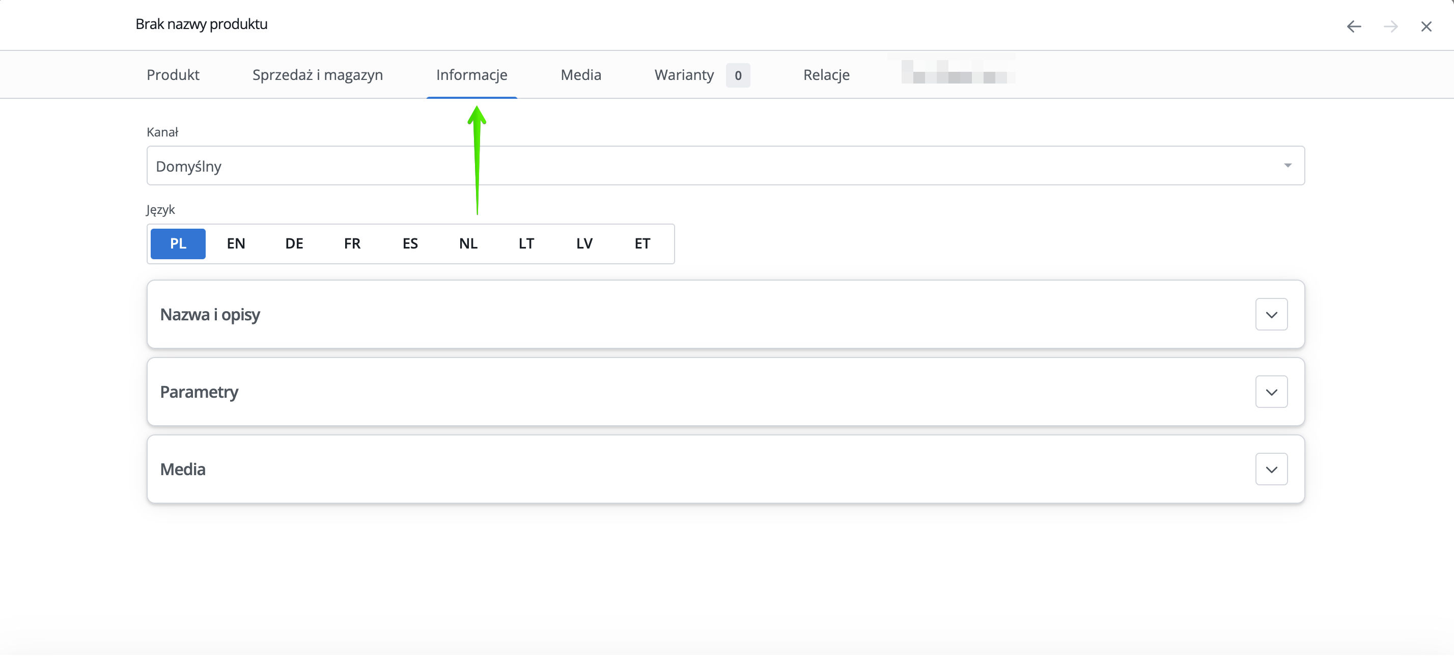 Zrzut ekranu z widokiem karty produktu i wskazaniem zakładki 'Informacje'