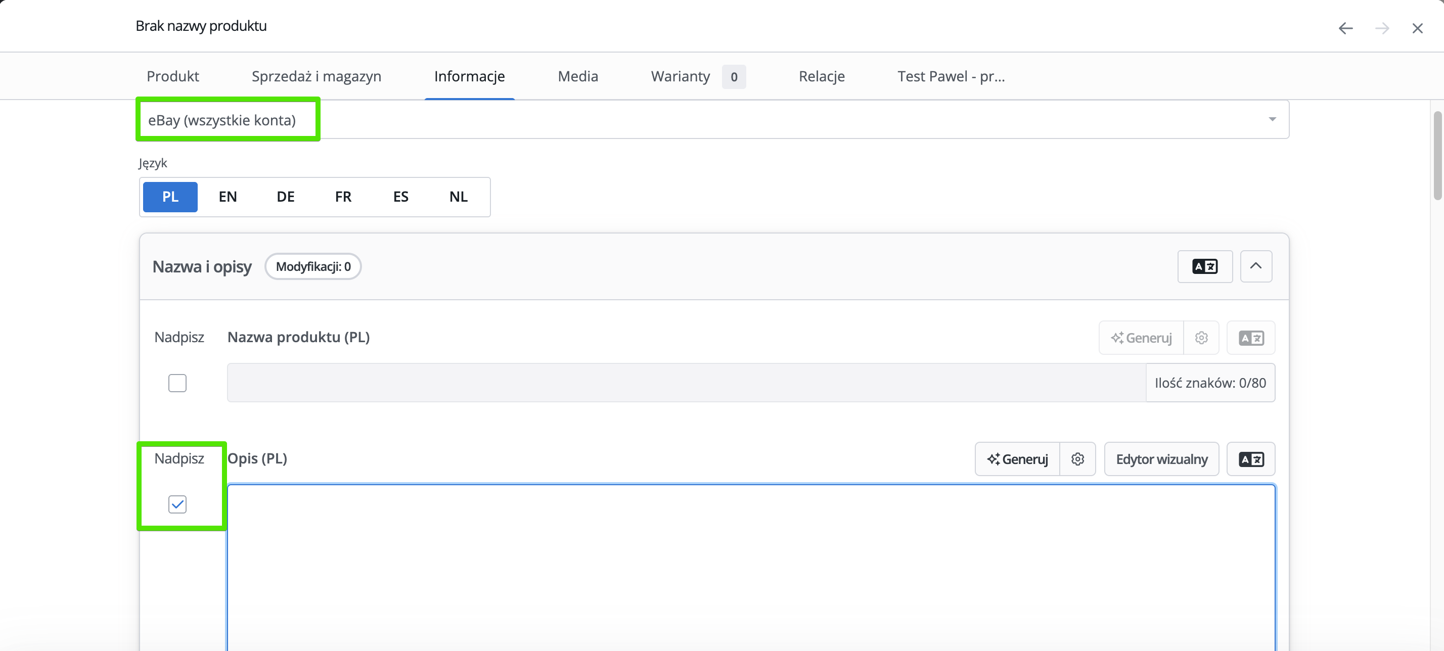 Widok rozwiniętej zakładki 'Nazwa i opisy' z zaznaczonym polem 'Nadpisz' zezwalającym na zmianę treści dla tego kanału