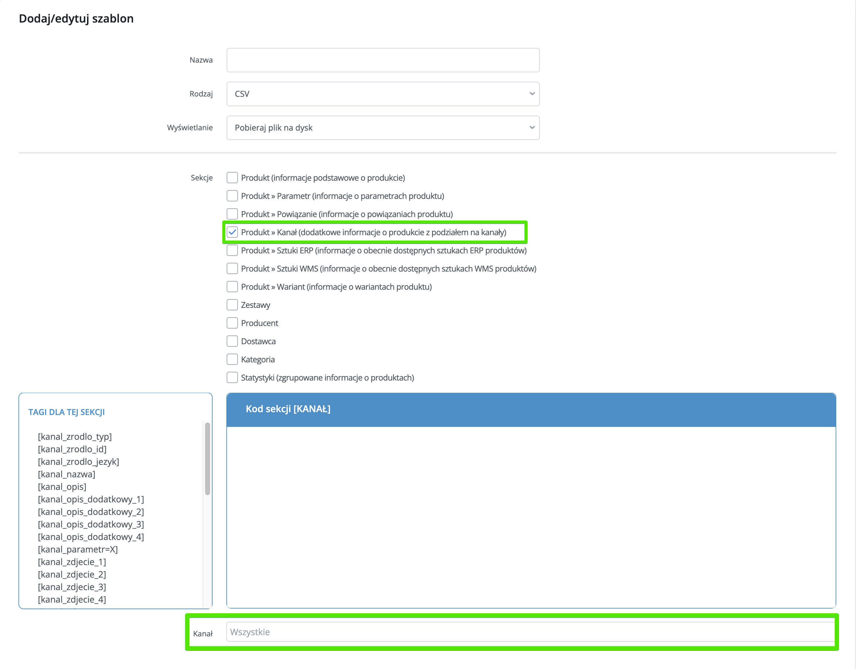 Widok konfiguracji szablonu eksportu produktów dla 'KANAŁ'